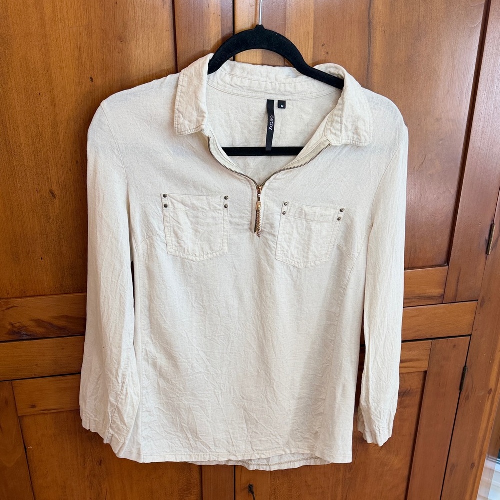 Elegant Cathy Cream Linen Blend Blouse with Rose Gold Zipper Detail